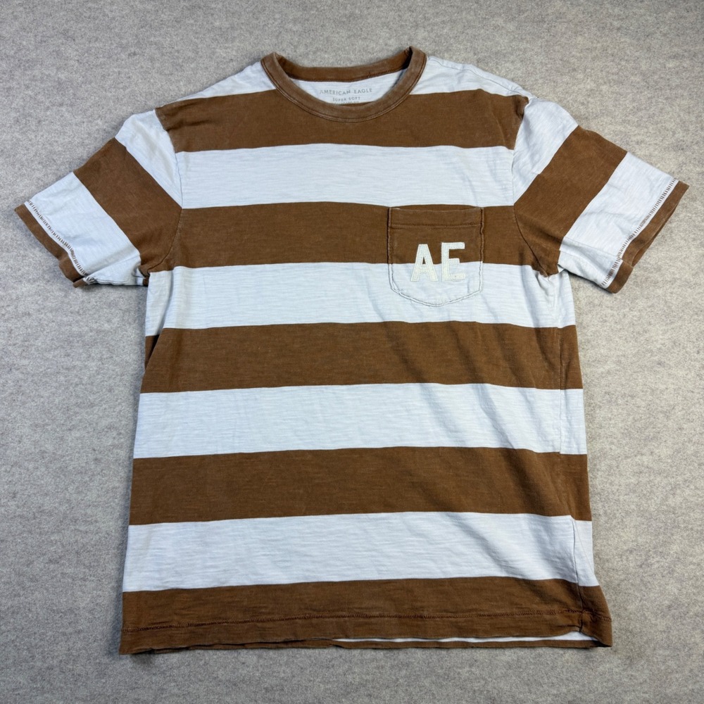 American Eagle Mens Super Soft Striped Pocket T-Shirt Brown White Small